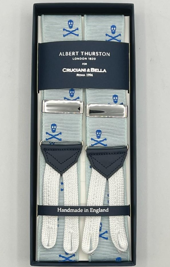 Albert Thurston for Cruciani & Bella Made in England Adjustable Sizing 40 mm Woven Barathea  Azure Light and Royal Blue Skulls Motif Braces Braid ends Y-Shaped Nickel Fittings Size. MULTIFIT