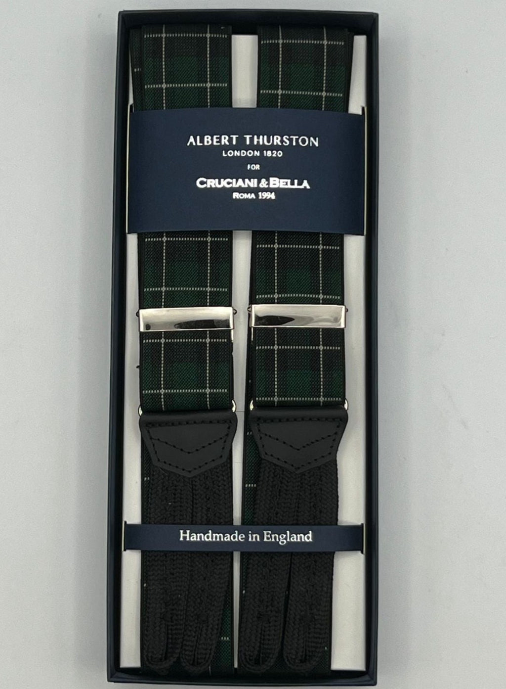 Albert Thurston for Cruciani & Bella Made in England Adjustable Sizing 35 mm Elastic Braces Green, Black and Off White Tartan Braces Braid ends Y-Shaped Nickel Fittings Size: XL