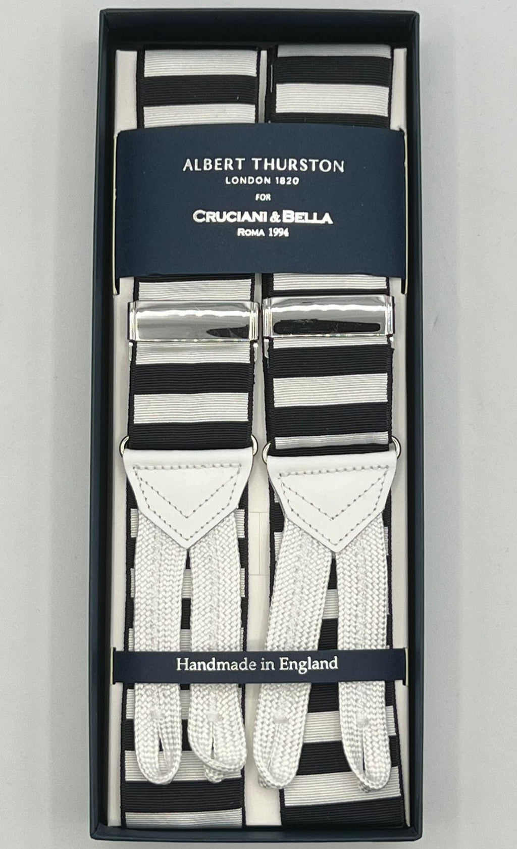 Albert Thurston for Cruciani & Bella Made in England Adjustable Sizing 40 mm Woven Barathea  Black and White horizontal Stripes Braces Braid ends Y-Shaped Nickel Fittings MULTIFIT