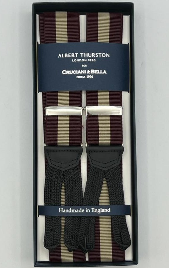 Albert Thurston for Cruciani & Bella Made in England Adjustable Sizing 35 mm Elastic Braces Red Wine, Beige Stripes Braid ends Y-Shaped Nickel Fittings Size: XL