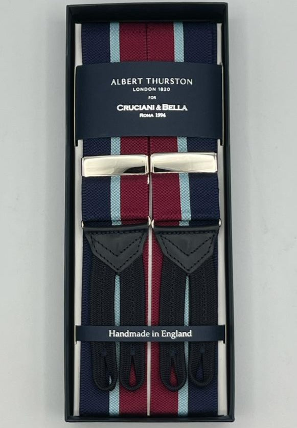 Albert Thurston for Cruciani & Bella Made in England Adjustable Sizing 40 mm Woven Barathea  Blue, Sky Blue and Red Stripes Braces Braid ends Y-Shaped Nickel Fittings Size: XL