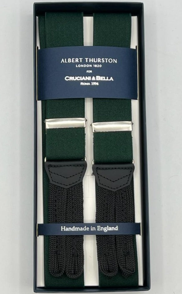 Albert Thurston for Cruciani & Bella Made in England Adjustable Sizing 35 mm Elastic Braces Green plain Braid ends Y-Shaped Nickel Fittings Size: XL