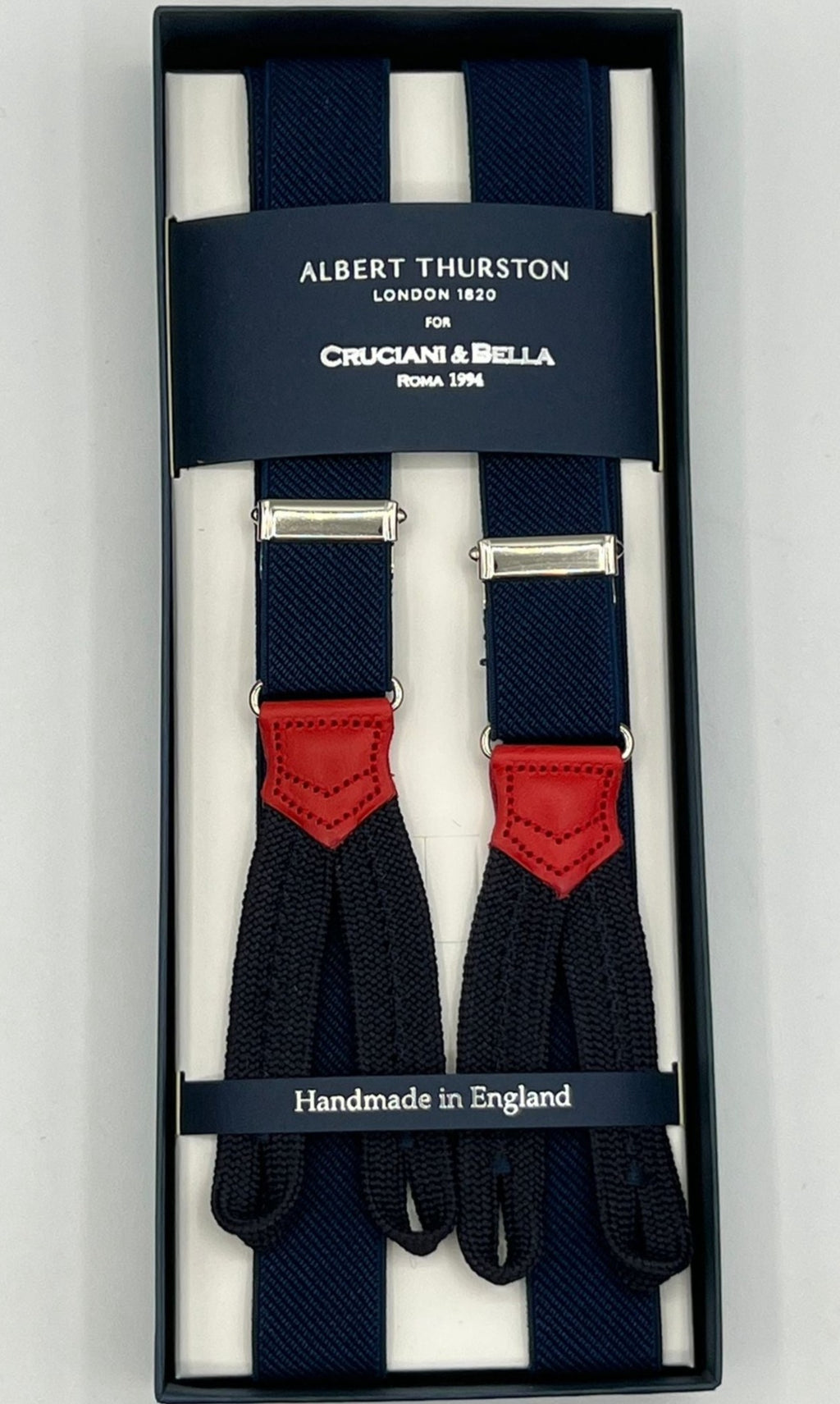 Albert Thurston for Cruciani & Bella Made in England Adjustable Sizing 25 mm elastic braces Blue plain Braid ends Y-Shaped Nickel Fittings Size: XL