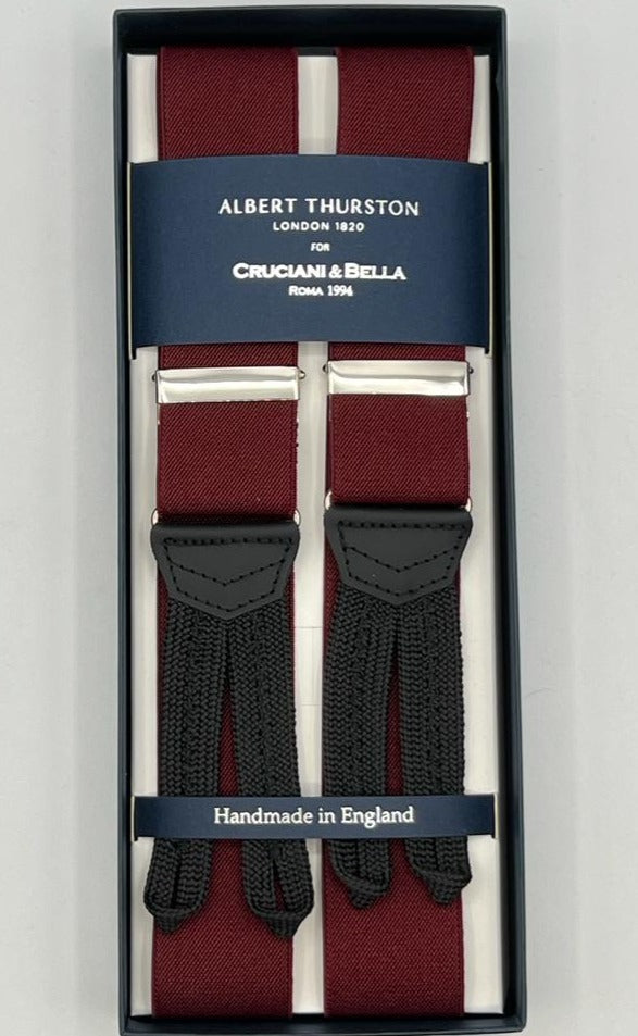 Albert Thurston for Cruciani & Bella Made in England Adjustable Sizing 35 mm Elastic Braces Red Wine plain Braid ends Y-Shaped Nickel Fittings Size: XL