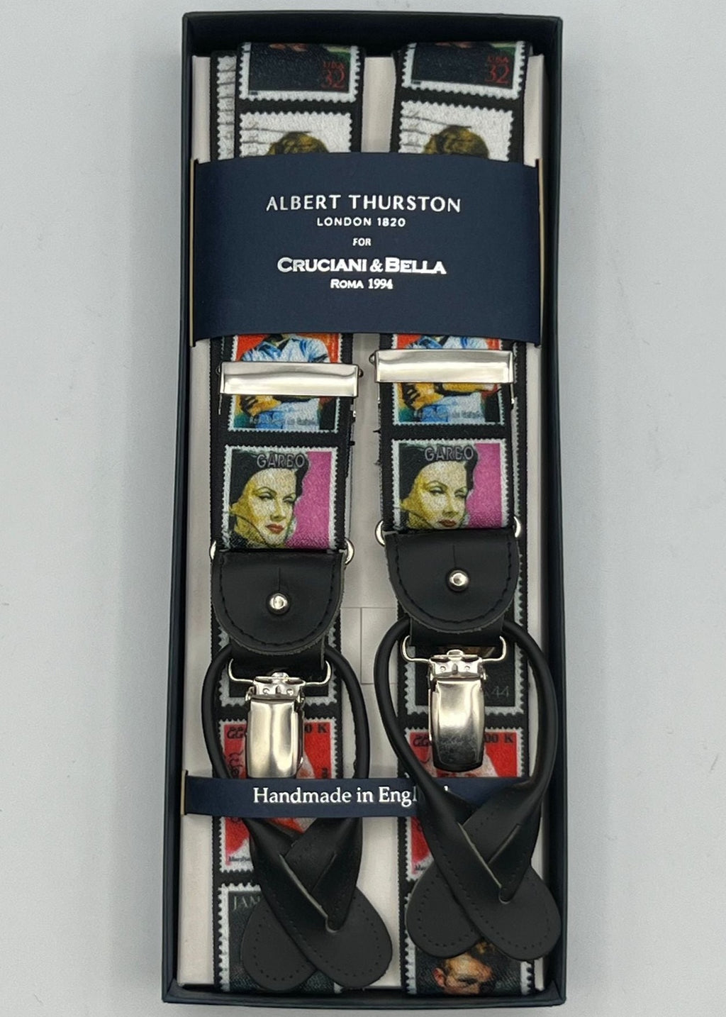 Albert Thurston for Cruciani & Bella Made in England 2 in 1 Adjustable Sizing 35 mm elastic braces Fancy, Hollywood stars Y-Shaped Nickel Fittings