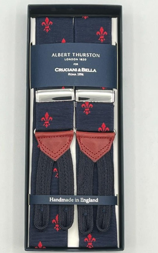 Albert Thurston for Cruciani & Bella Made in England Adjustable Sizing 40 mm Woven Barathea  Blue, Red Florentine lily motif Braces Braid ends Y-Shaped Nickel Fittings #8329
