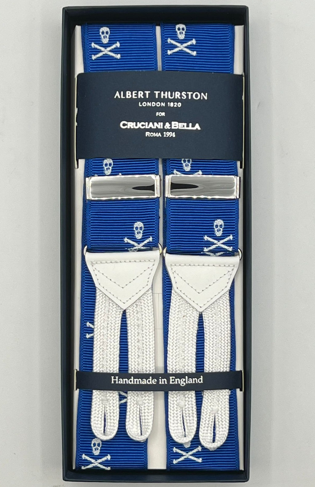 Albert Thurston for Cruciani & Bella Made in England Adjustable Sizing 40 mm Woven Barathea  Royal Blue and White Skulls Motif Braces Braid ends Y-Shaped Nickel Fittings Size. MULTIFIT