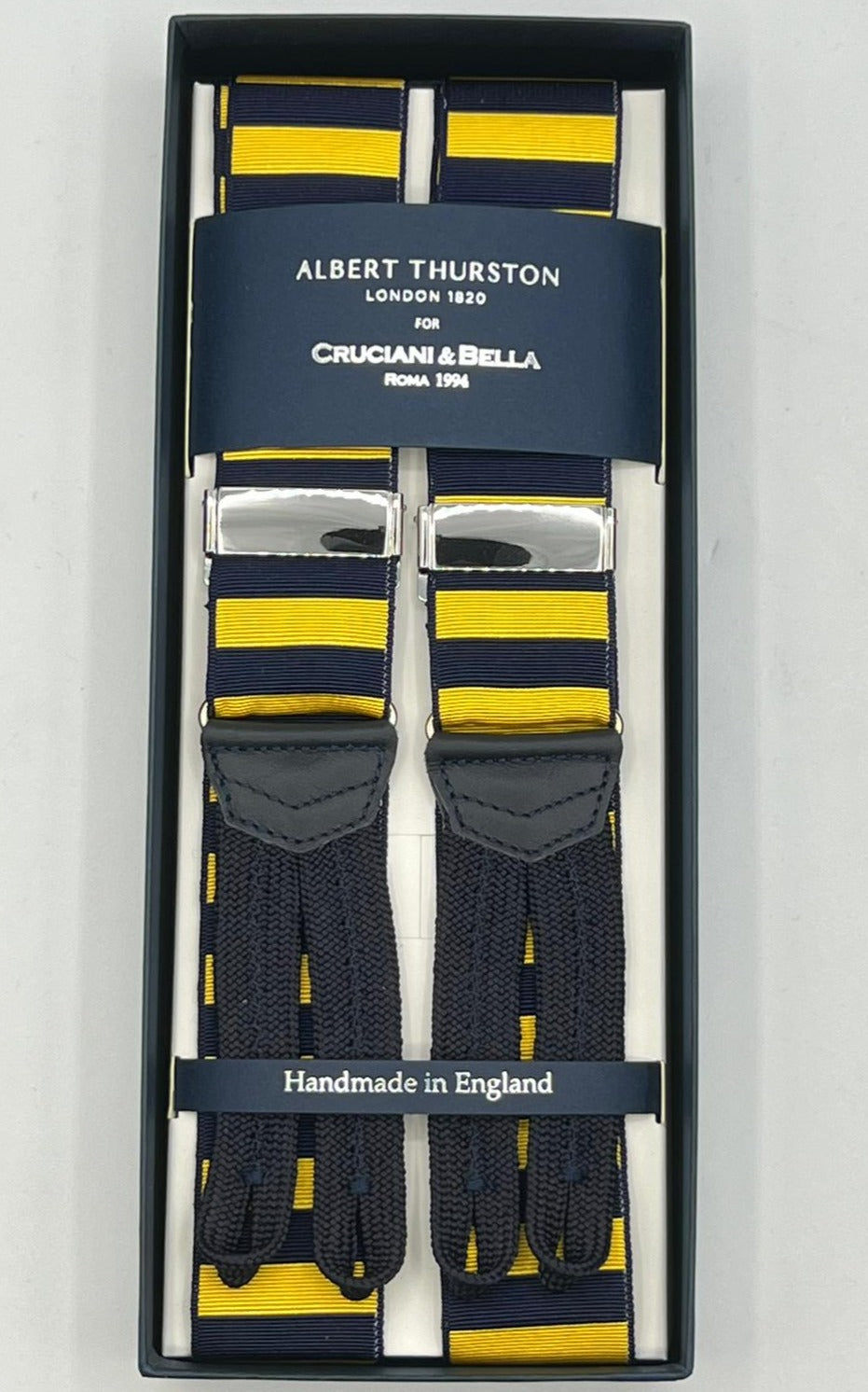 Albert Thurston for Cruciani & Bella Made in England Adjustable Sizing 40 mm Woven Barathea  Blue and Yellow horizontal Stripes Braces Braid ends Y-Shaped Nickel Fittings MULTIFIT