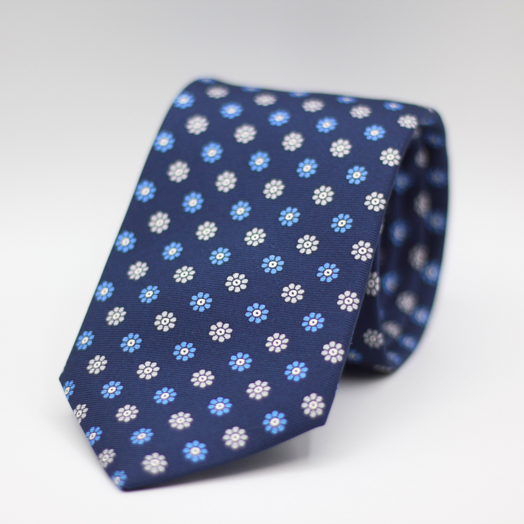Cruciani & Bella 100% Silk Printed Self-Tipped Blue, Light Blue and Light Grey Floral Motif Tie Handmade in Rome, Italy. 8 cm x 150 cm