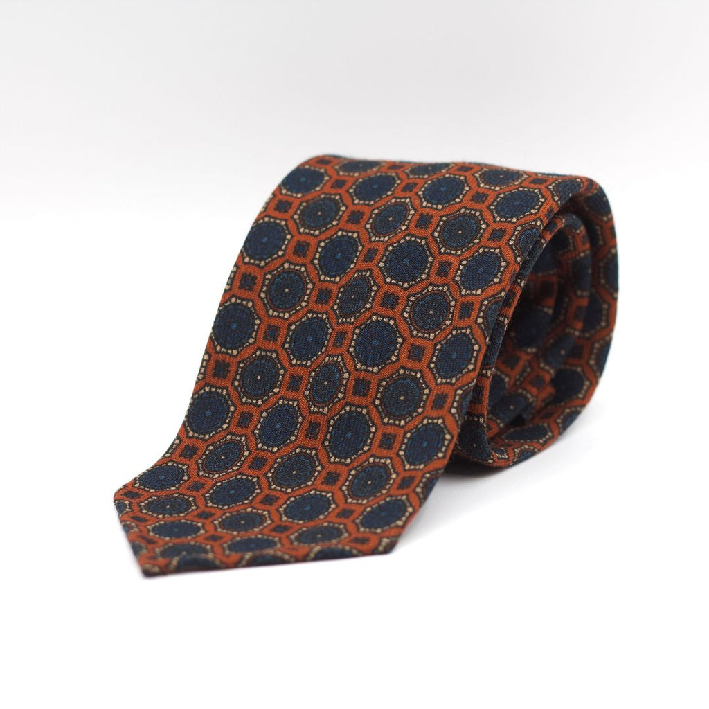 Cruciani & Bella 100%  Printed Wool  Unlined Hand rolled blades Orange, Beige, Blue and Brown Tie Handmade in Italy 8 cm x 150 cm