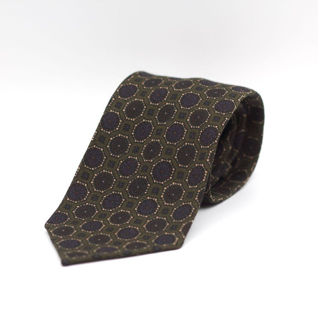 Cruciani & Bella 100%  Printed Wool  Unlined Hand rolled blades Green, Beige, Purple and Brown Tie Handmade in Italy 8 cm x 150 cm