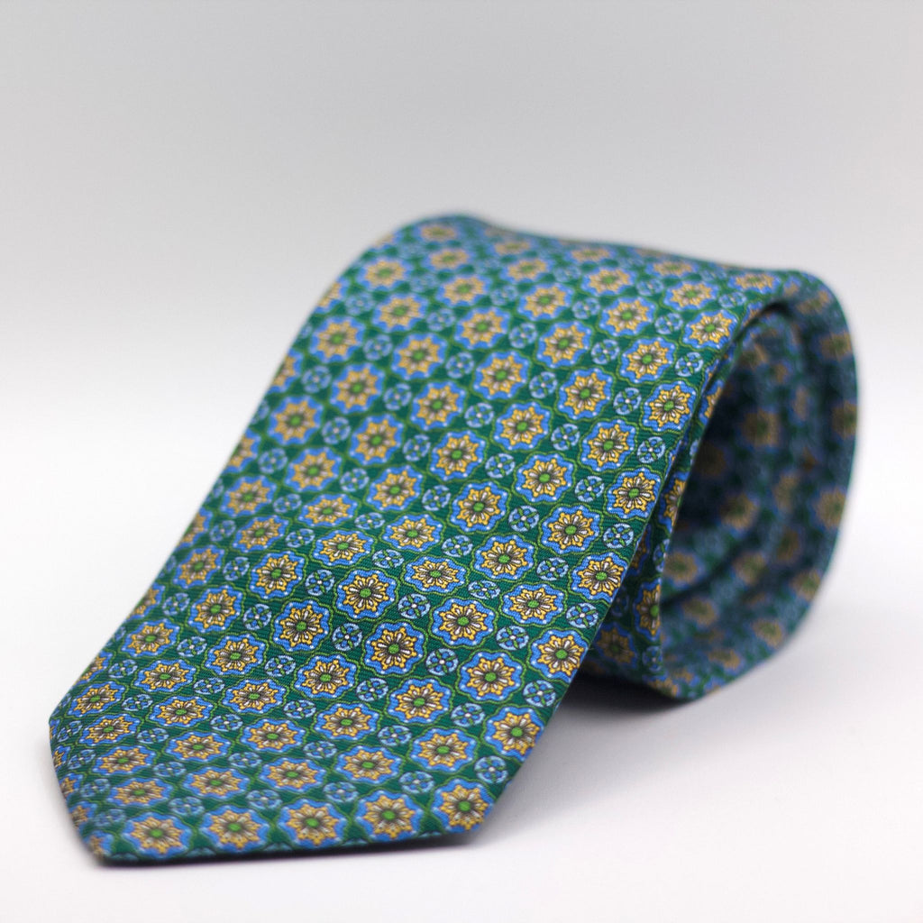 Cruciani & Bella 100% Silk Printed Self-Tipped Green, Blue and Yellow Tie Handmade in Rome, Italy. 8 cm x 150 cm