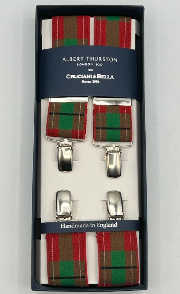 Albert Thurston for Cruciani & Bella Made in England Clip on Adjustable Sizing 35 mm elastic braces Red Tartan X-Shaped Nickel Fittings Size: L