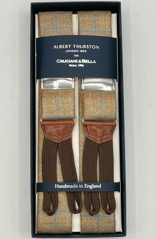 Albert Thurston for Cruciani & Bella Made in England Adjustable Sizing 40 mm braces Suit Linen Series Ecru and Light Blue Square Braid ends Y-Shaped Nickel Fittings MULTIFIT