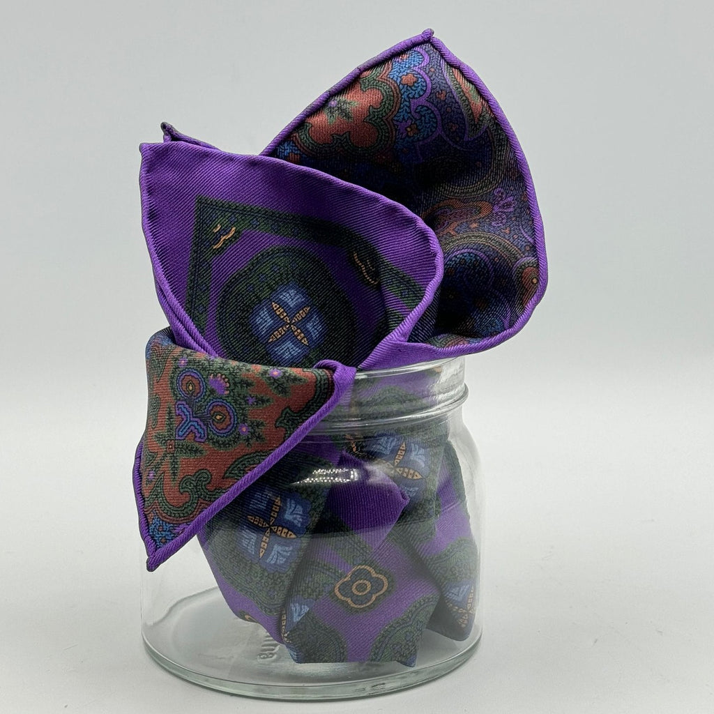 Cruciani &amp; Bella Hand-rolled&nbsp;&nbsp; 100% Silk Purple, Light Bleu, Yellow Brown and Green Double Faces Patterned&nbsp; Motif&nbsp; Pocket Square Made in England 33 cm X 33 cm