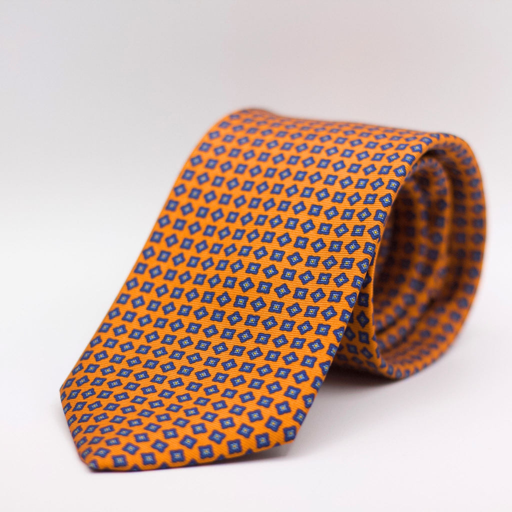 Cruciani & Bella 100% Silk Printed Self-Tipped Orange, Blue, Light Blue and Yellow Motif Tie Handmade in Rome, Italy. 8 cm x 150 cm