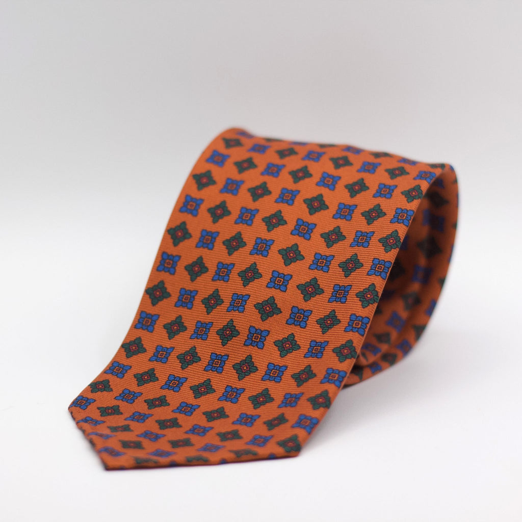 Cruciani & Bella 100% Printed Silk Unlined Orange, Green and Light Blue Motif Unlined Tie Handmade in England 8 x 153 cm