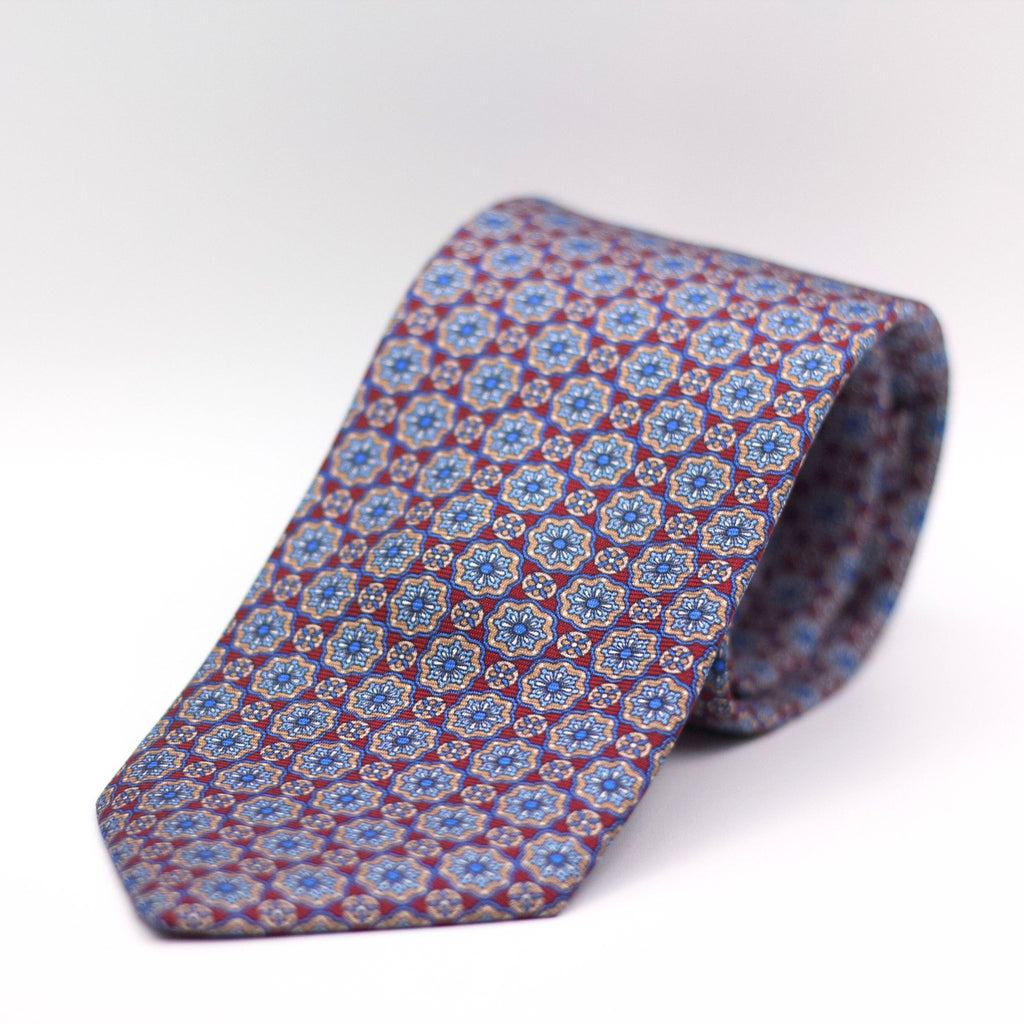 Cruciani & Bella 100% Silk Printed Self-Tipped Red, Light Blue and Beige Tie Handmade in Rome, Italy. 8 cm x 150 cm