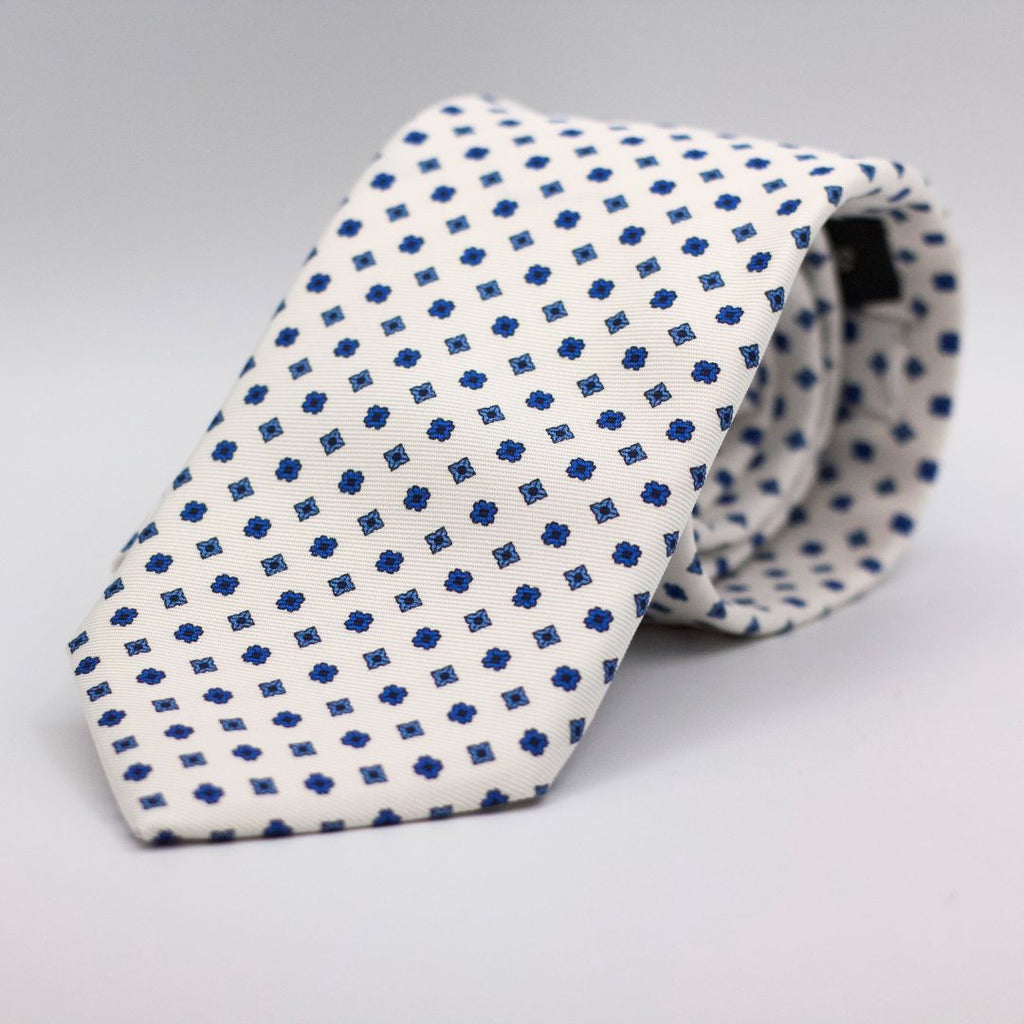 Holliday & Brown for Cruciani & Bella 100% printed Silk Self Tipped White and Blue motif tie Handmade in Italy 8 cm x 150 cm
