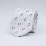 Cruciani &amp; Bella
100% Woven Jacquard Silk, Cotton and Linen
Off-White, Blue and Light Beige Motif Tie
Self-Tipped

Made in Italy
8 x 150 cm
#10212