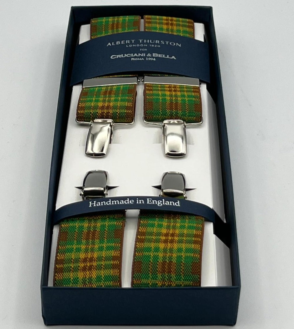 Albert Thurston for Cruciani & Bella Made in England Clip on Adjustable Sizing 35 mm elastic braces Multicolor Tartan Motif X-Shaped Nickel Fittings Size: L