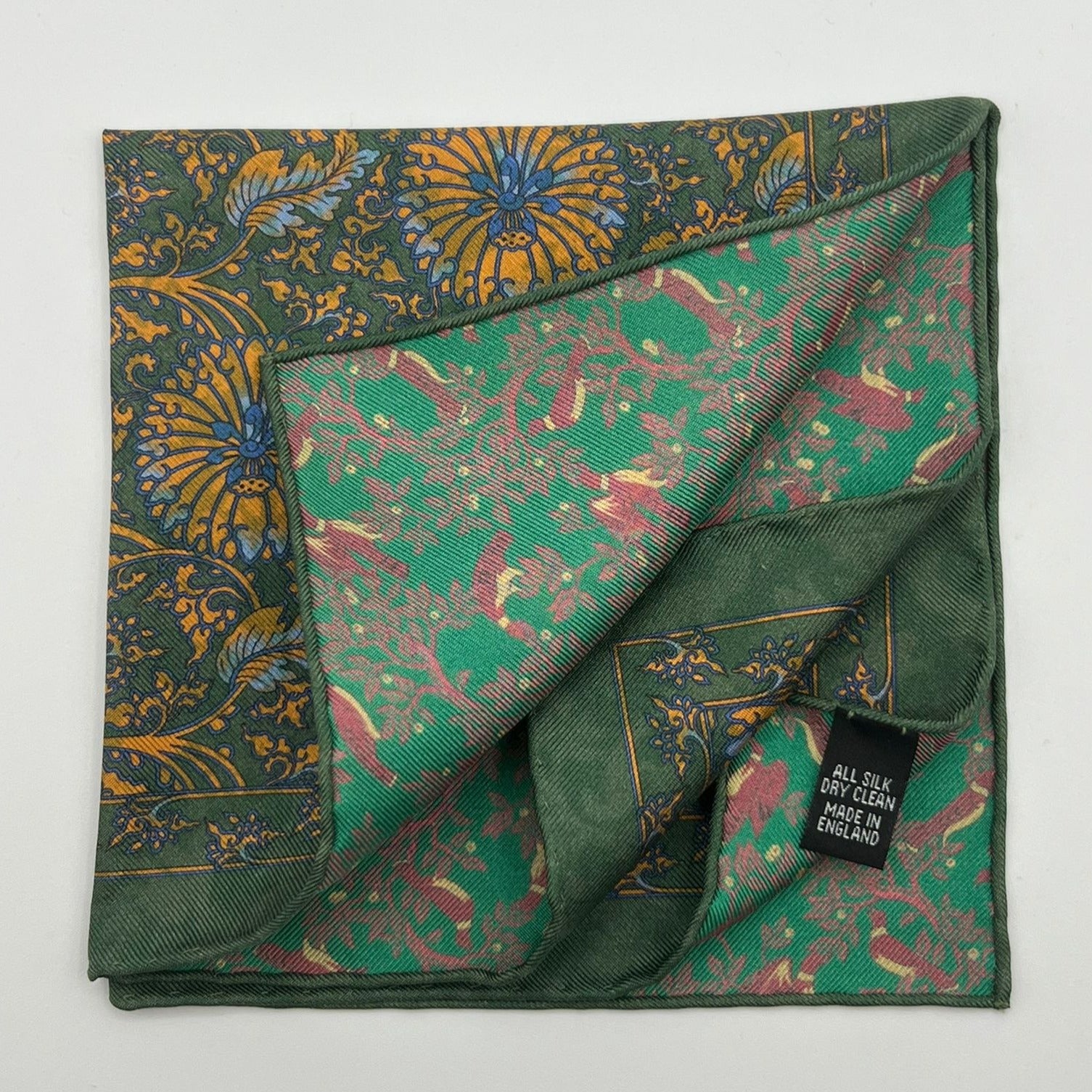 Cruciani & Bella - Silk -  Green, Ocra and Light Blue Double Patterned Motif Pocket Square
