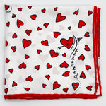 Cruciani &amp; Bella
Hand-rolled&nbsp;&nbsp;
100% Silk
White and Red

Love Motif Pocket Square
Made in Italy
33 cm X 33 cm
#10011