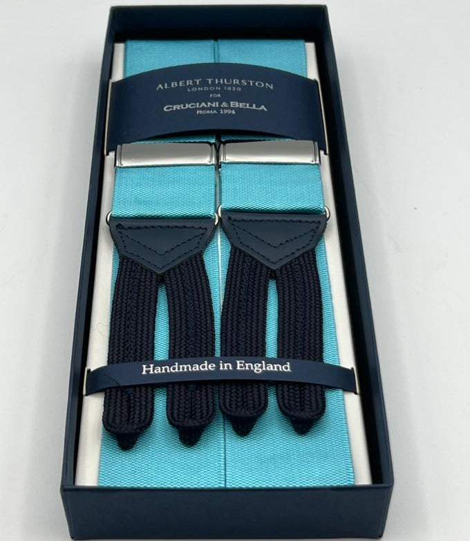 Albert Thurston for Cruciani & Bella Made in England Adjustable Sizing 40 mm Woven Barathea  Artic Blue Plain Braces Braid ends Y-Shaped Nickel Fittings Size: XL