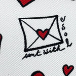 Cruciani &amp; Bella
Hand-rolled&nbsp;&nbsp;
100% Silk
White and Red

Love Motif Pocket Square
Made in Italy
33 cm X 33 cm
#10011