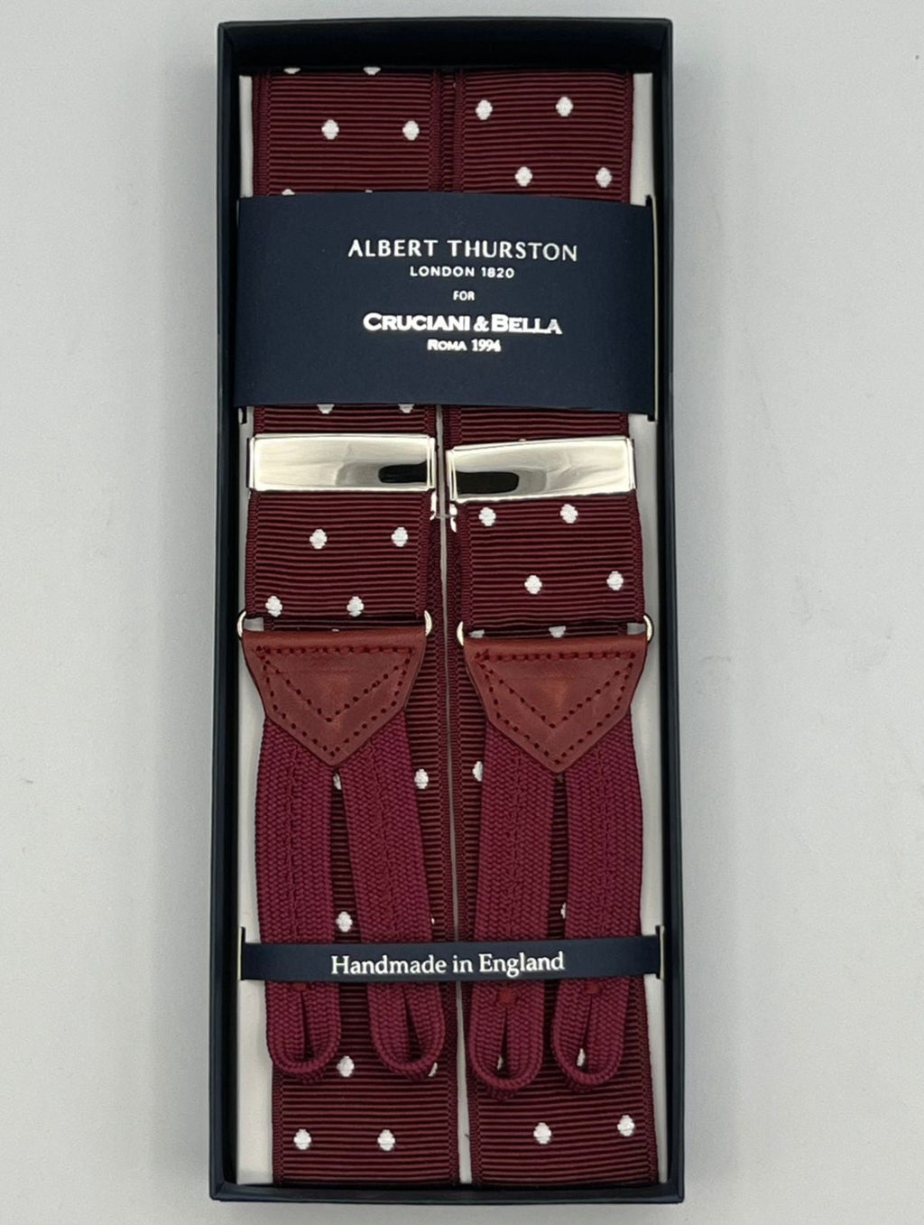 Albert Thurston for Cruciani & Bella Made in England Adjustable Sizing 40 mm Woven Barathea  Red Wine and Off White Dots Braces Y-Shaped Nickel Fittings Size: XL
