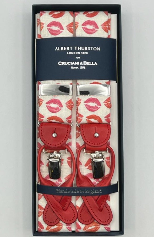 Albert Thurston for Cruciani & Bella Made in England 2 in 1 Adjustable Sizing 40 mm braces Red Kisses Y-Shaped Nickel Fittings Size: XL