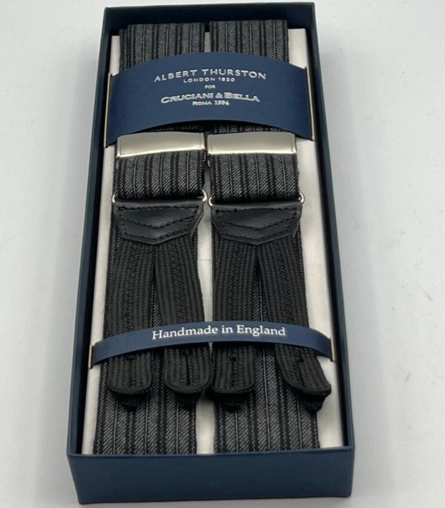 Albert Thurston for Cruciani & Bella Made in England Adjustable Sizing 40 mm braces 100% Wool Black and Grey Stripes Motif Braid ends Y-Shaped Nickel Fittings XL