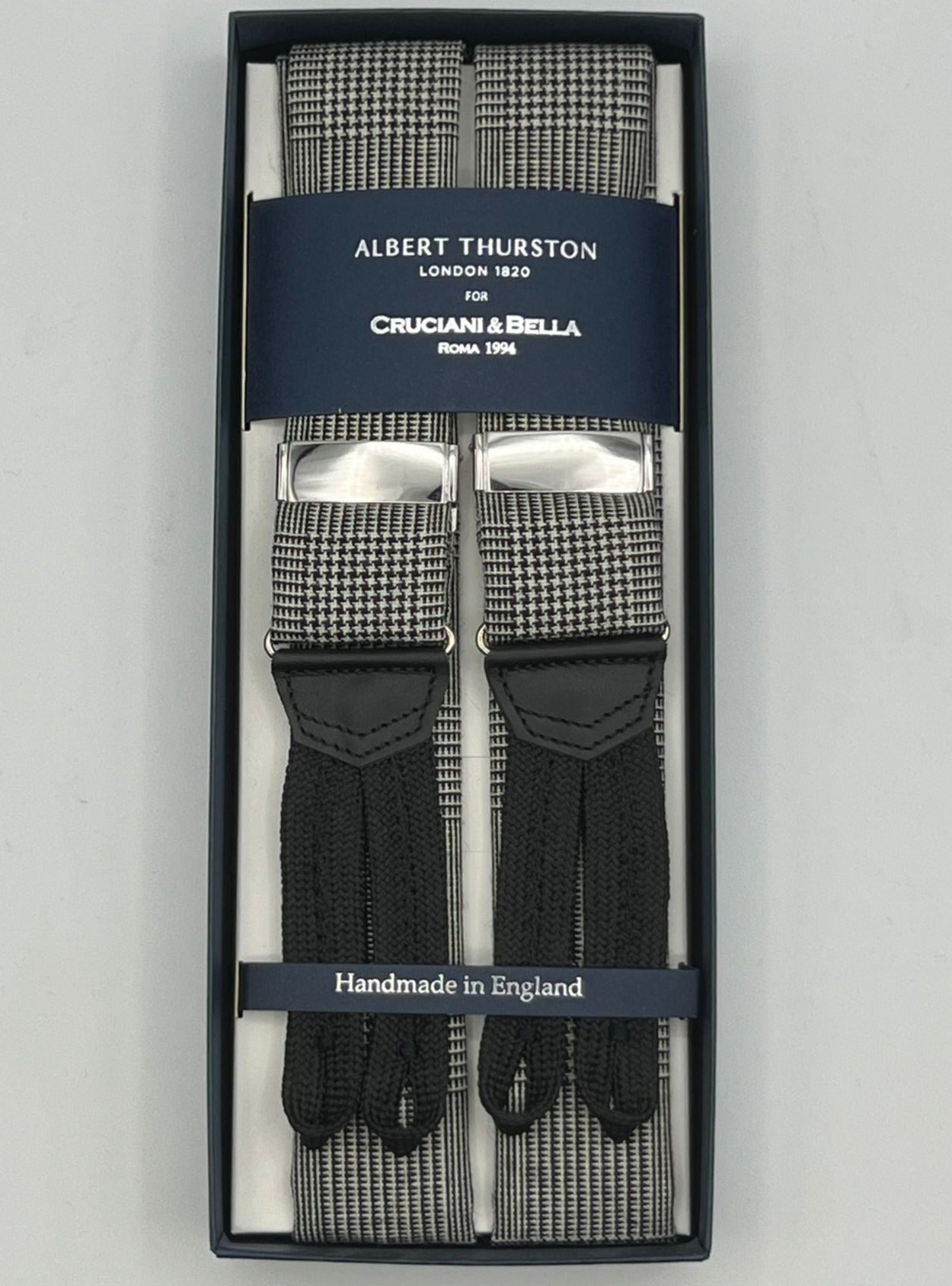 Albert Thurston for Cruciani & Bella Made in England Adjustable Sizing 40 mm braces 100% Wool Fresco III Prince of Wales White and Black  Braid ends Y-Shaped Nickel Fittings XL