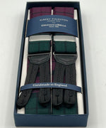 Albert Thurston for Cruciani & Bella Made in England Adjustable Sizing 40 mm braces 100% Wool Red Wine and Green Tartan Motif Braid ends Y-Shaped Nickel Fittings XL