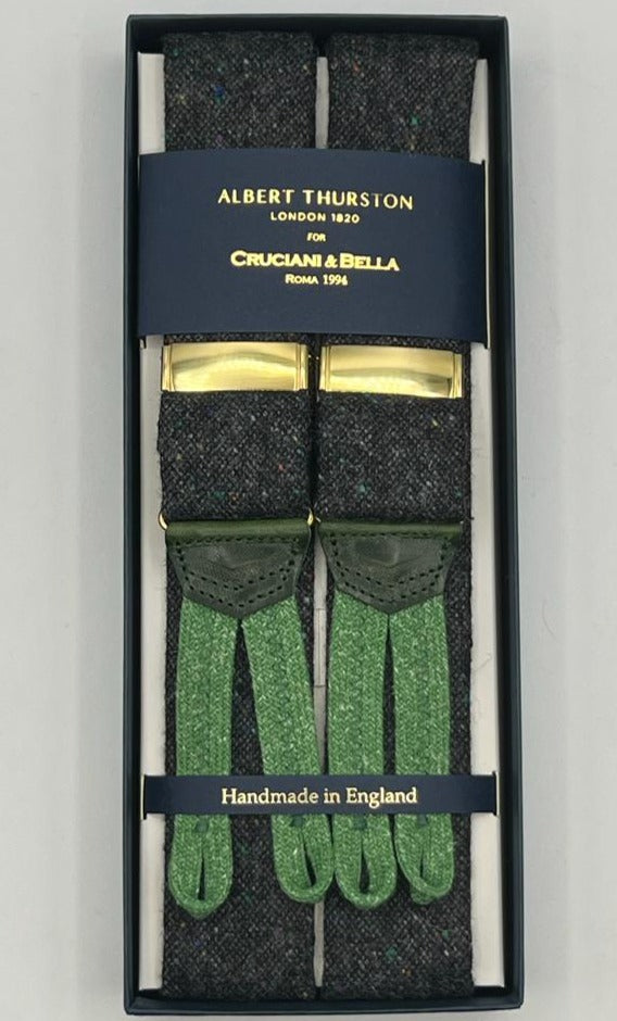 Albert Thurston for Cruciani & Bella Made in England Adjustable Sizing 40 mm braces 100% Wool Donegal Grey Melange Color Braid ends Y-Shaped Gold Fittings