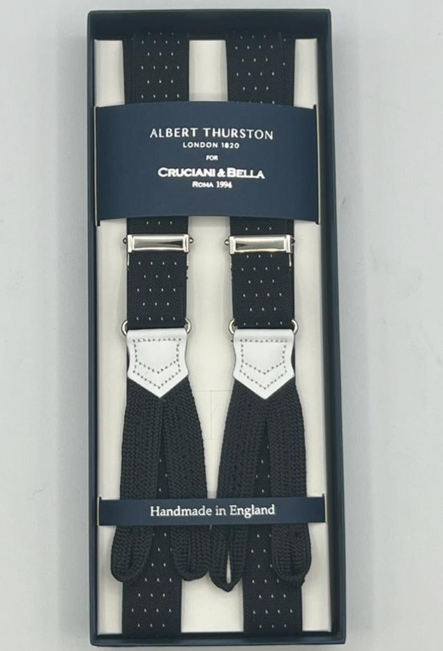 Albert Thurston for Cruciani & Bella Made in England Adjustable Sizing 25 mm elastic braces Black and White Dots Braid ends Y-Shaped Nickel Fittings Size: XL