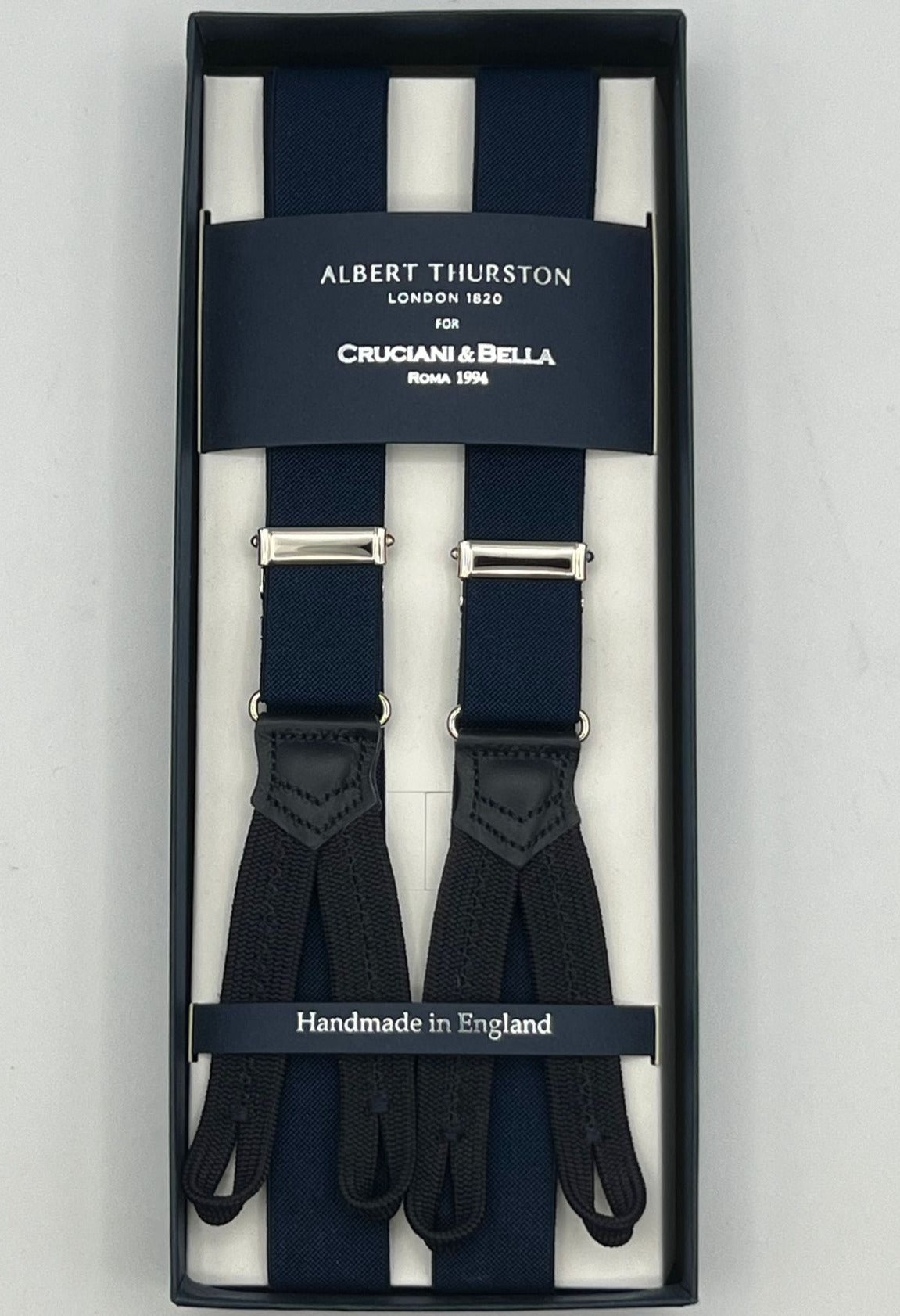 Albert Thurston for Cruciani & Bella Made in England Adjustable Sizing 25 mm elastic braces Blue Plain Braid ends Y-Shaped Nickel Fittings Size: XL