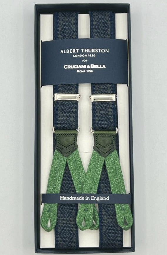 Albert Thurston for Cruciani & Bella Made in England Adjustable Sizing 25 mm elastic braces Blue, Grey Patterned Braid ends Y-Shaped Nickel Fittings Size: XL