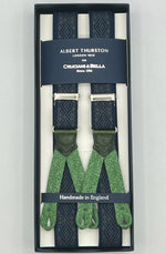 Albert Thurston for Cruciani & Bella Made in England Adjustable Sizing 25 mm elastic braces Blue, Grey Patterned Braid ends Y-Shaped Nickel Fittings Size: XL