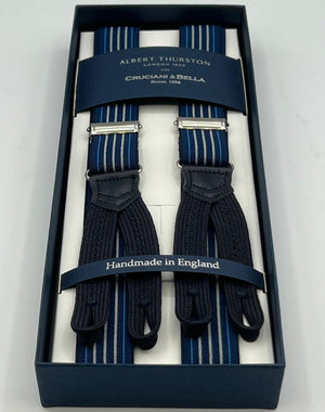 Albert Thurston for Cruciani & Bella Made in England Adjustable Sizing 25 mm elastic braces Blue, Light Blue and white Stripes  Braid ends Y-Shaped Nickel  Fittings Size: XL