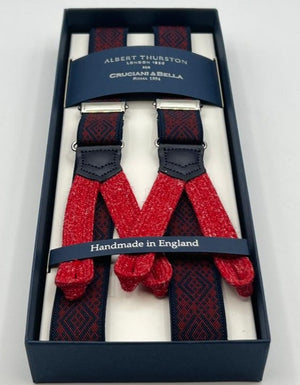 Albert Thurston for Cruciani & Bella Made in England Adjustable Sizing 25 mm elastic braces Blue, Red Patterned Braid ends Y-Shaped Nickel Fittings Size: XL
