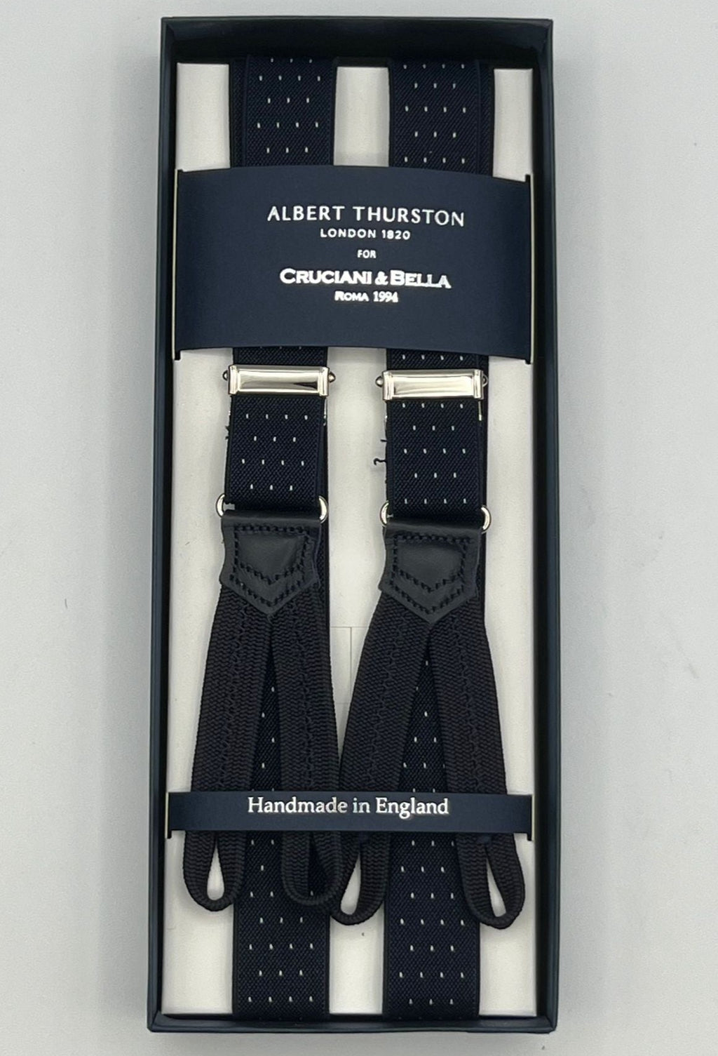 Albert Thurston for Cruciani & Bella Made in England Adjustable Sizing 25 mm elastic braces Blue and White Dots Braid ends Y-Shaped Nickel Fittings Size: XL
