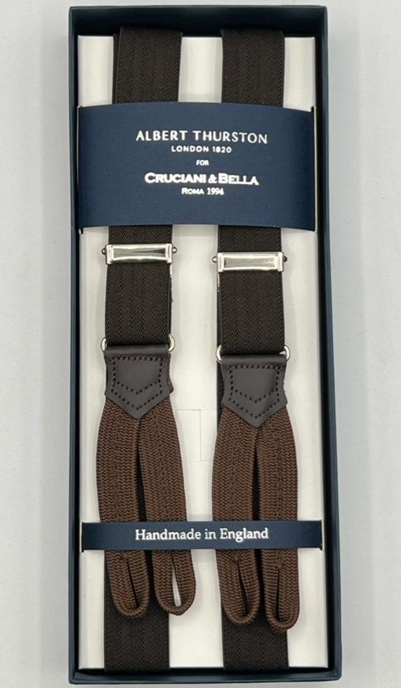 Albert Thurston for Cruciani & Bella Made in England Adjustable Sizing 25 mm elastic braces Brown Harringbone Braid ends Y-Shaped Nickel Fittings Size: XL