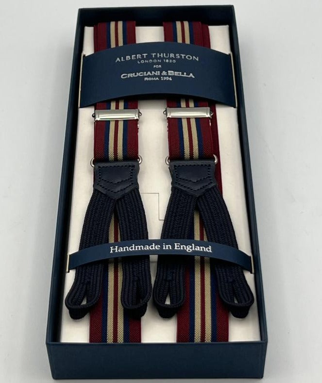 Albert Thurston for Cruciani & Bella Made in England Adjustable Sizing 25 mm elastic braces Burgundy and Blue Stripes Braid ends Y-Shaped Nickel Fittings Size: XL