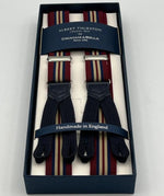 Albert Thurston for Cruciani & Bella Made in England Adjustable Sizing 25 mm elastic braces Burgundy and Blue Stripes Braid ends Y-Shaped Nickel Fittings Size: XL