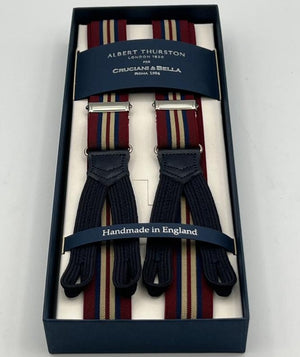 Albert Thurston for Cruciani & Bella Made in England Adjustable Sizing 25 mm elastic braces Burgundy and Blue Stripes Braid ends Y-Shaped Nickel Fittings Size: XL