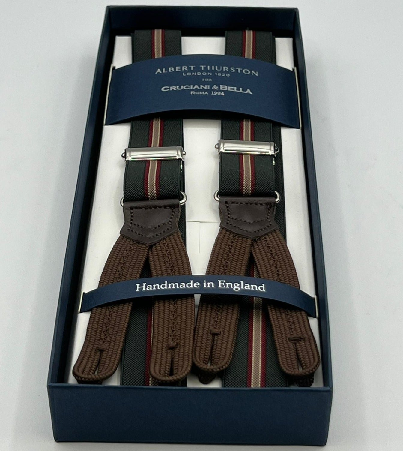 Albert Thurston for Cruciani & Bella Made in England Adjustable Sizing 25 mm elastic braces Dark Military Green, Red and Beige Stripes  Braid ends Y-Shaped Nickel  Fittings Size: XL