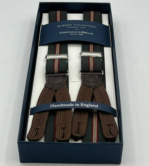 Albert Thurston for Cruciani & Bella Made in England Adjustable Sizing 25 mm elastic braces Dark Military Green, Red and Beige Stripes  Braid ends Y-Shaped Nickel  Fittings Size: XL