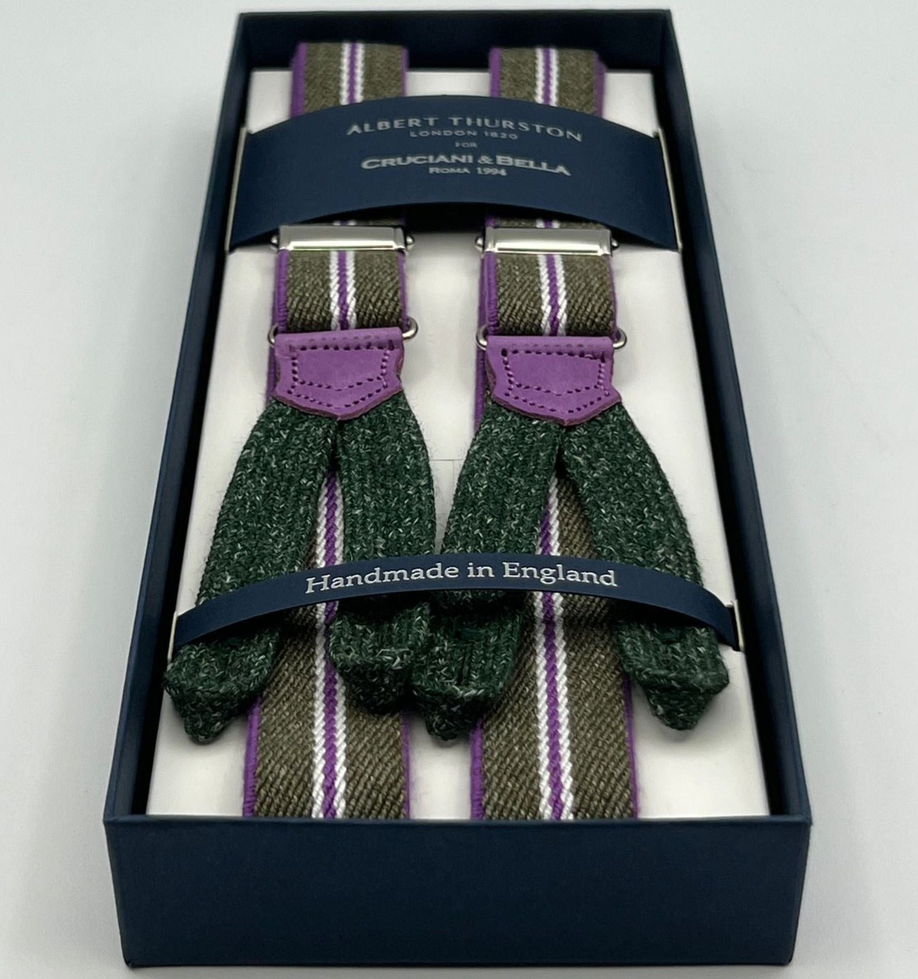 Albert Thurston for Cruciani & Bella Made in England Adjustable Sizing 25 mm elastic braces Green,Lilac and White Stripes  Braid ends Y-Shaped Nickel  Fittings Size: XL