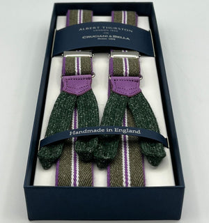Albert Thurston for Cruciani & Bella Made in England Adjustable Sizing 25 mm elastic braces Green,Lilac and White Stripes  Braid ends Y-Shaped Nickel  Fittings Size: XL
